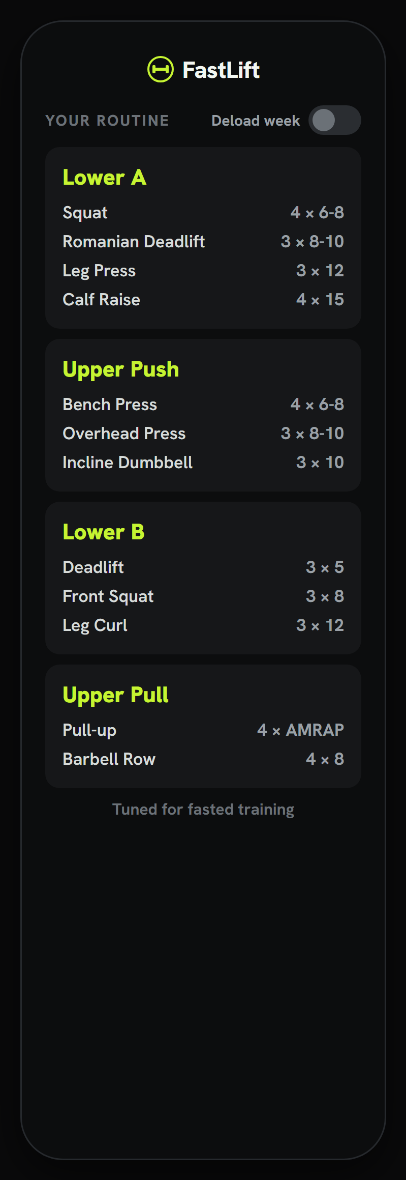 FastLift Coach week showing a prescribed run alongside lifting sessions